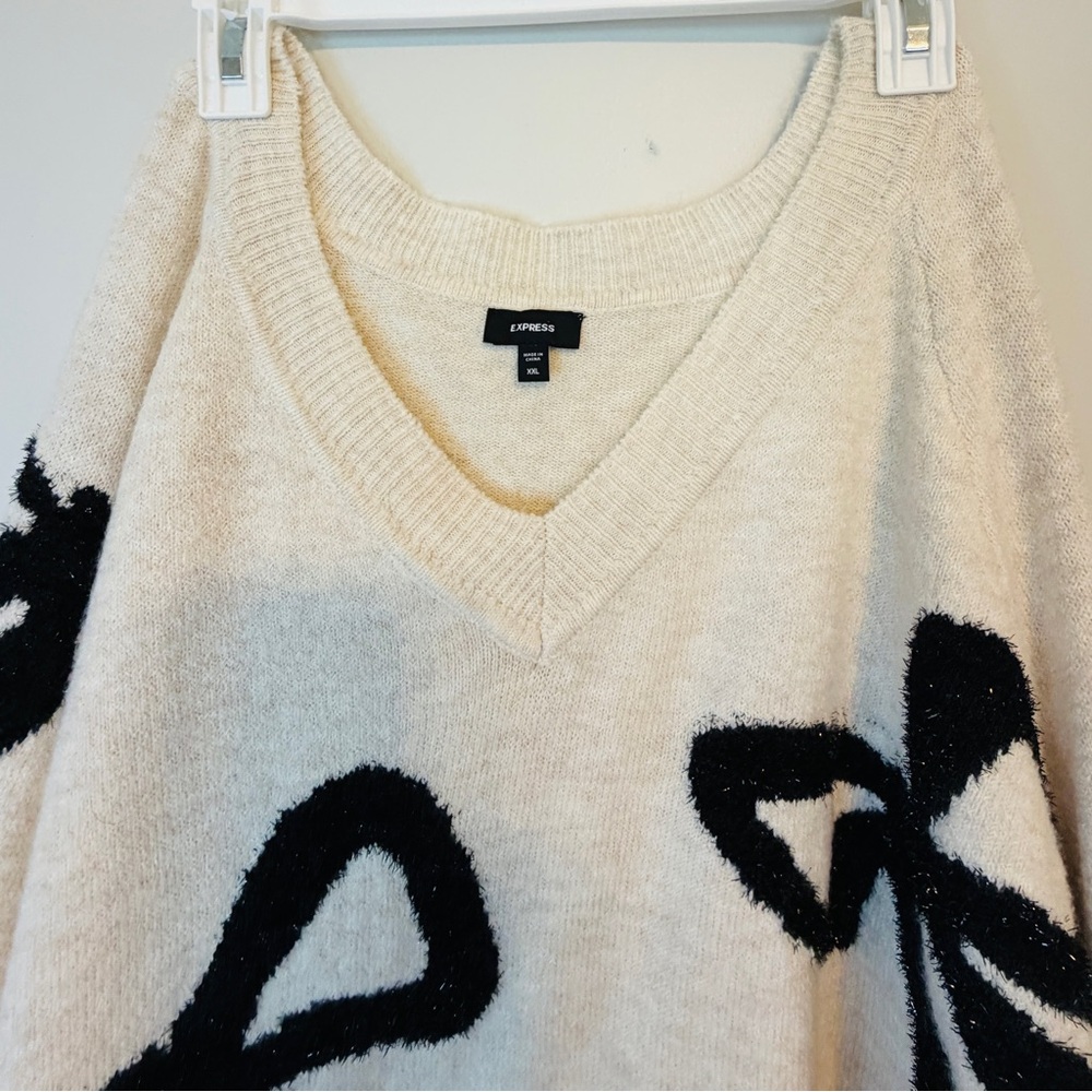 Express Cream Knit Sweater with sparkle black bow details - Picture 4 of 8